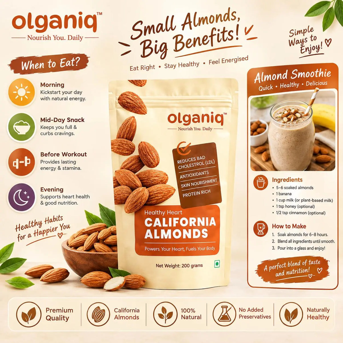 Olganiq Pure California Almonds/Badam Whole, 200g, Real Nuts, High in Fiber, Badam Giri, Rich in Protein, Magnesium, Phosphorus and Dietary Fibre, Nuts & Dry Fruits