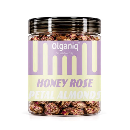 Olganiq Honey Rose Petal Almonds (250gm) | Sweet & Crunchy | Highe in FIbre | Roasted NOT Fried Olganiq