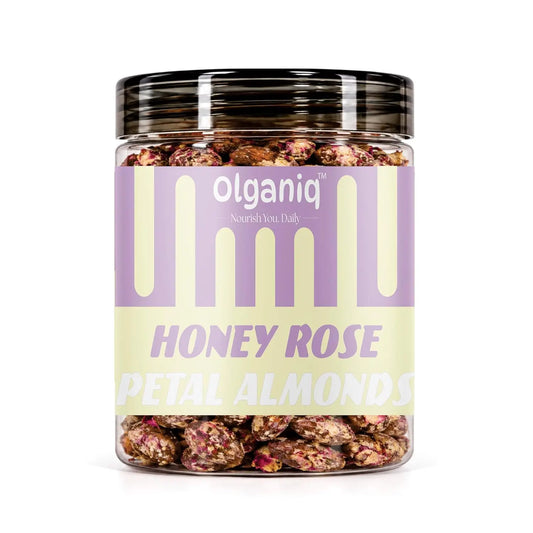 Olganiq Honey Rose Petal Almonds (250gm) | Sweet & Crunchy | Highe in FIbre | Roasted NOT Fried Olganiq