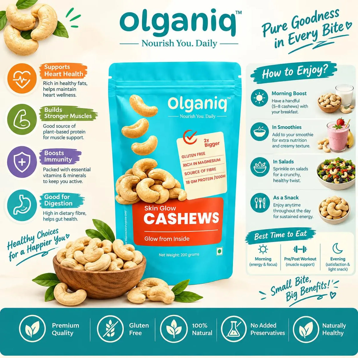 Olganiq Whole Cashews | 200gm | Grade W240 Kaju Nuts | Gluten-Free & Plant Based Protein | Firm Texture, Rich Taste | Healthy Snack