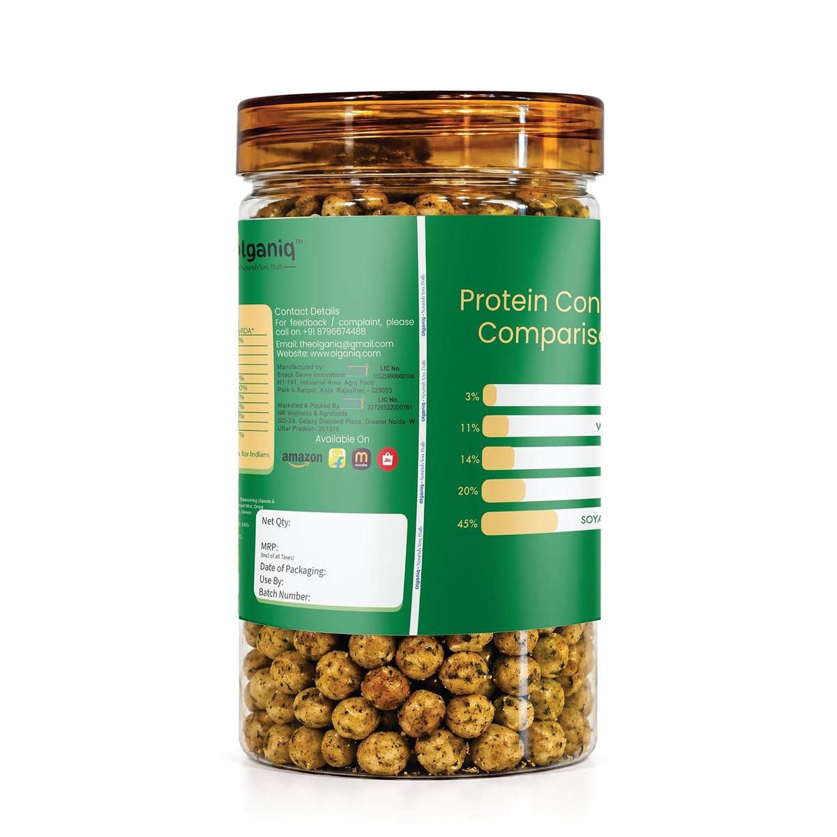 Olganiq Pudina Soya Pop Mint Flavoured Roasted Snack(180gm) | Roasted Not Fried, Gluten Free, High Protein Snack with Defatted Soya Flour, 43g Protein/100gm Olganiq
