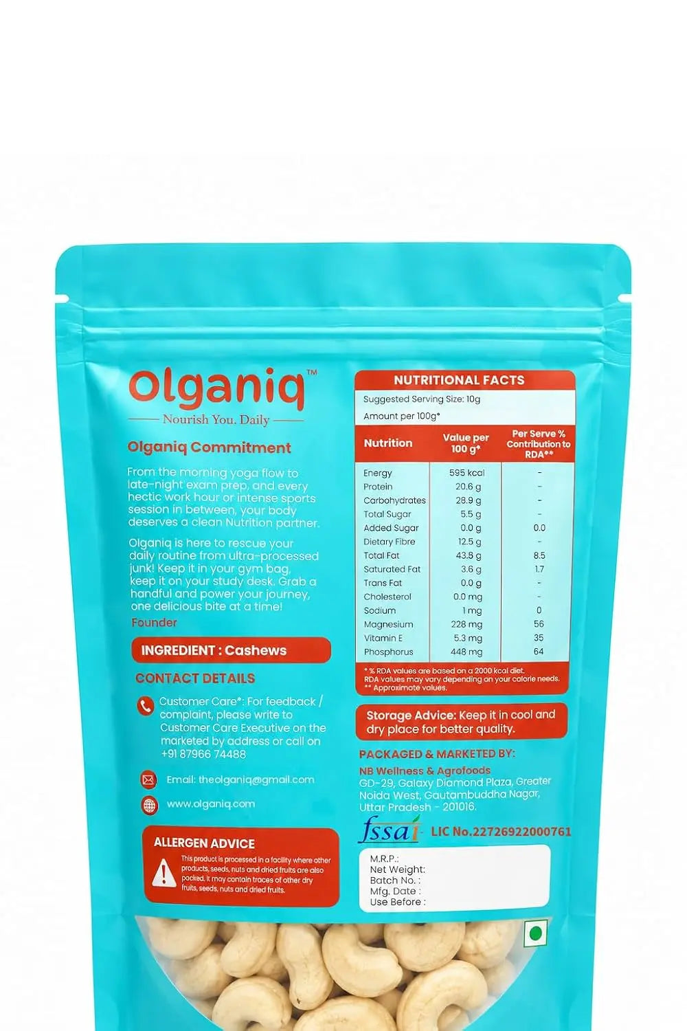 Olganiq Whole Cashews | 200gm | Grade W240 Kaju Nuts | Gluten-Free & Plant Based Protein | Firm Texture, Rich Taste | Healthy Snack