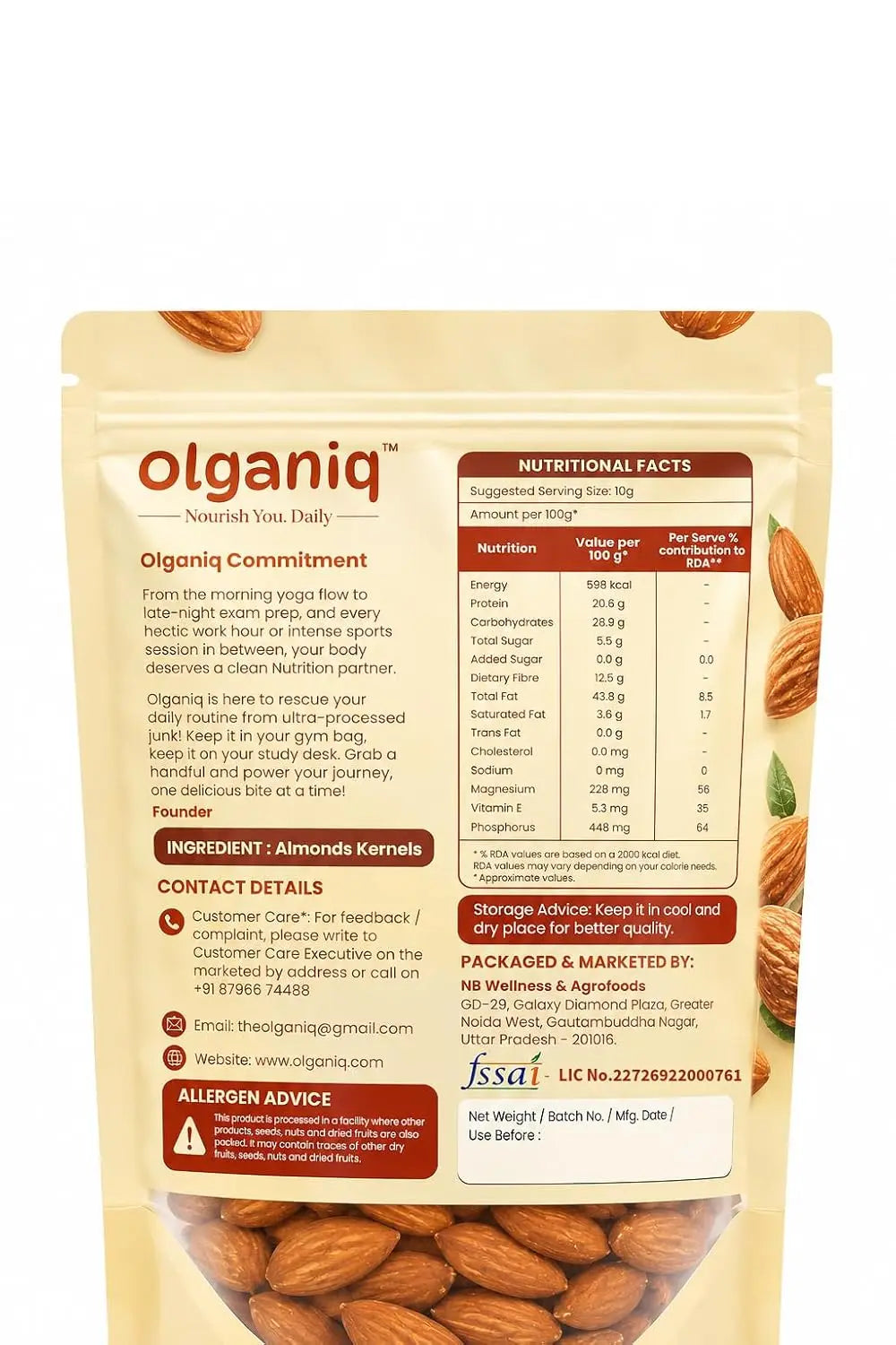 Olganiq Pure California Almonds/Badam Whole, 200g, Real Nuts, High in Fiber, Badam Giri, Rich in Protein, Magnesium, Phosphorus and Dietary Fibre, Nuts & Dry Fruits