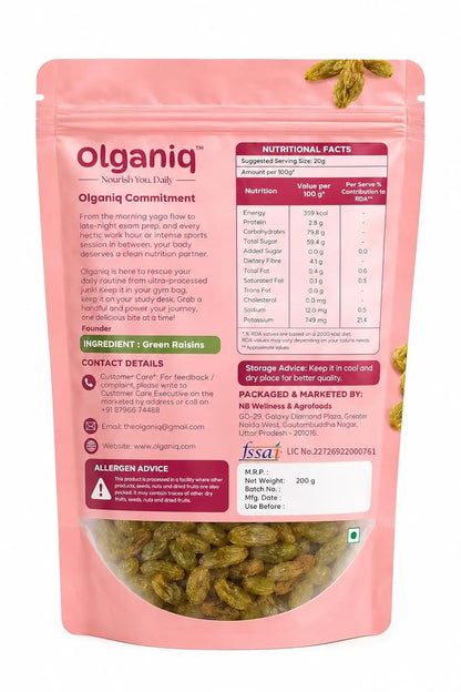 Olganiq Premium Seedless Green Raisins 200g | Quality Kishmish/Kismis | Dry Fruits, Healthy Snacks | Rich in Iron & Vitamin B | Antioxidant Rich | Healthy