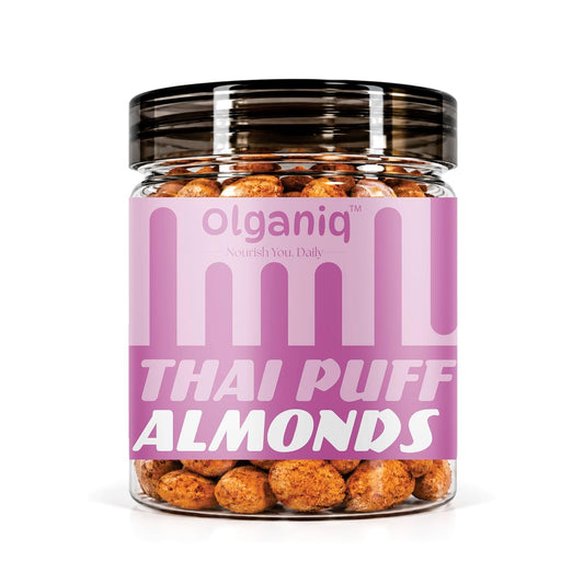 Olganiq Thai Puff Almonds 200gm | Spiced Coated Almond Snack | Protein & Fiber Rich Chili Almonds | Crunchy Snack | No Artificial Colors, Flavors, Preservatives Olganiq