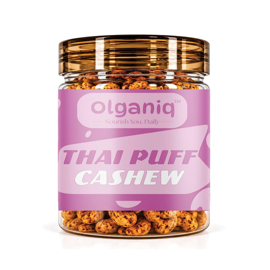 Olganiq Thai Puff Cashew Spiced Snack 200gm | Protein & Fiber Rich Chili Cashews| Crunchy Snack | No Artificial Colors, Flavors, Preservatives Olganiq