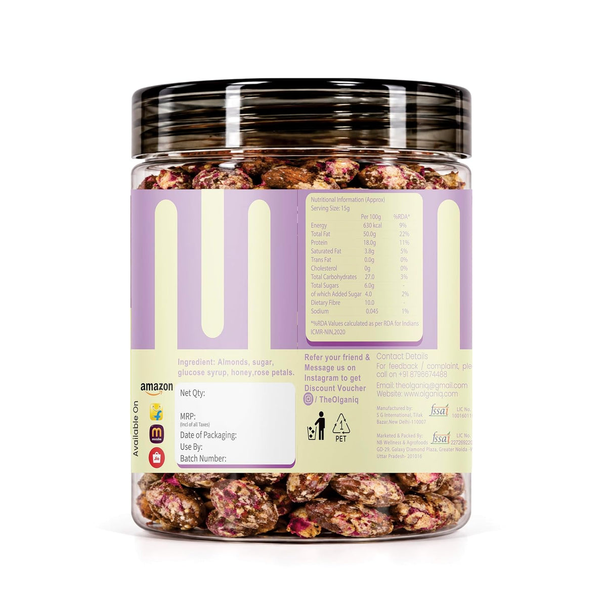 Olganiq Honey Rose Petal Almonds (250gm) | Sweet & Crunchy | Highe in FIbre | Roasted NOT Fried Olganiq
