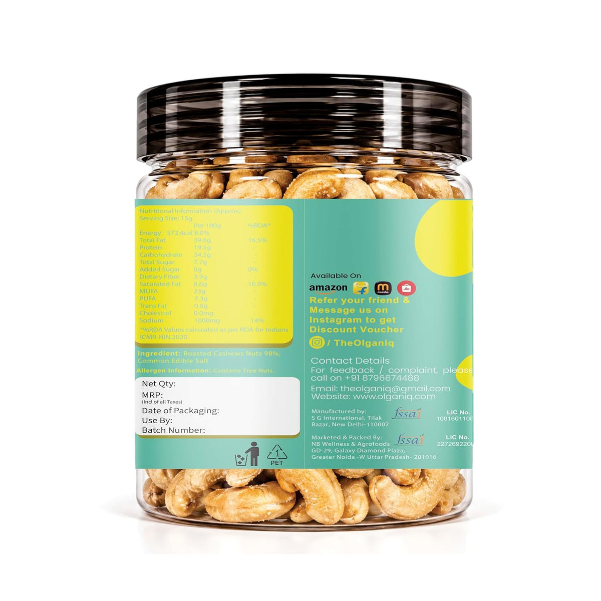 Olganiq Classic Salted & Roasted Cashews/Kaju (250gm), Flavourful & Crunchy Snack, Salted & Slow Roasted Cashews Rich in Protein, Magnesium, and Phosphorus, No Artificial Colours, Preservatives & Flavours Olganiq