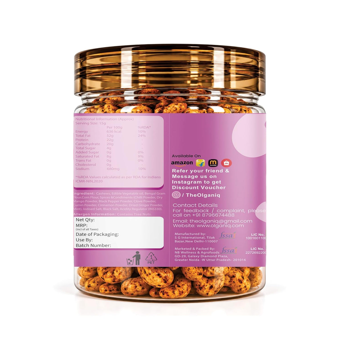 Olganiq Thai Puff Cashew Spiced Snack 200gm | Protein & Fiber Rich Chili Cashews| Crunchy Snack | No Artificial Colors, Flavors, Preservatives Olganiq